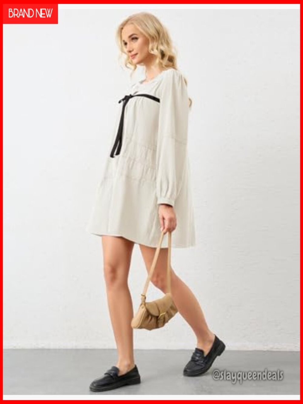 Flowy Long Puff Sleeve Mini Dress Square Neck Lace Babydoll A-line Tunic - Picture 5 of 7